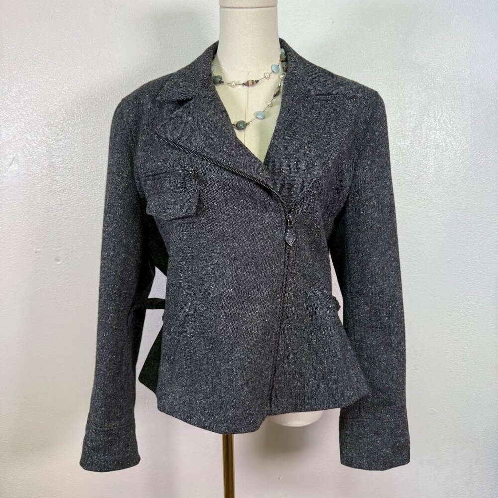 Ralph Lauren Sz 14 100% Lambswool Grey Tweed Moto Bomber Jacket Blazer Academia